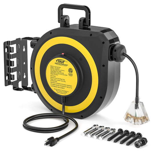 CRST 50ft Retractable Extension Cord Reel - 14AWG Heavy Duty, Lighted 3-Outlet Tap, 180° Swivel Mount, ETL Listed